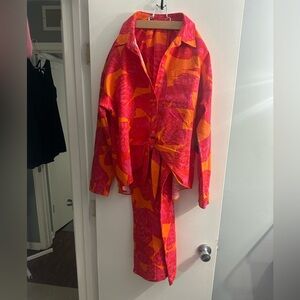 Vibrant Pink and Orange Button-Up Shirt and Skirt Set